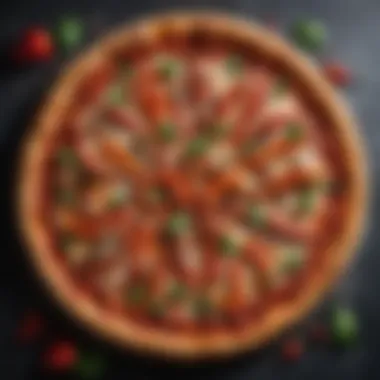 An aerial view of a red pepper pizza with colorful ingredients on a stone oven