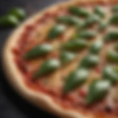 Artistic Basil Garnish on Scorching Pizza Aromatic basil leaves being delicately sprinkled over a piping hot 800 Fahrenheit pizza