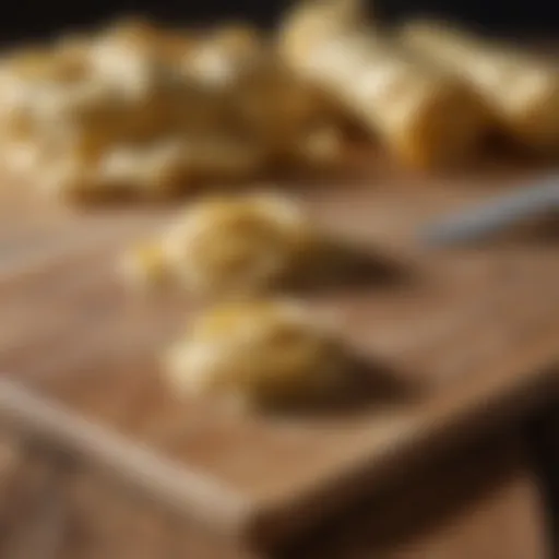 Artisanal pasta dough resting on wooden board