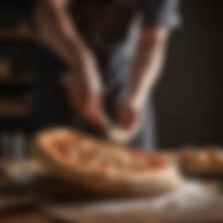 Artisanal pizza dough resting on a wooden peel