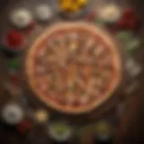 Artisanal pizza toppings on a rustic wooden table