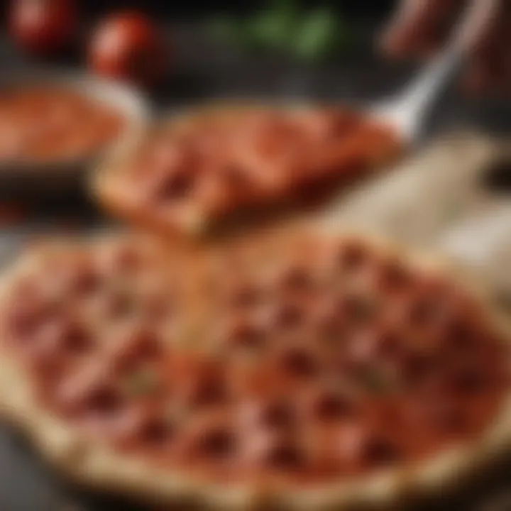 Artistic close-up of flavorful pizza sauce being spread on dough