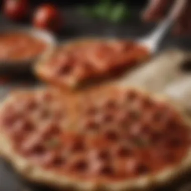 Sauce Spreading Artistry Artistic close-up of flavorful pizza sauce being spread on dough