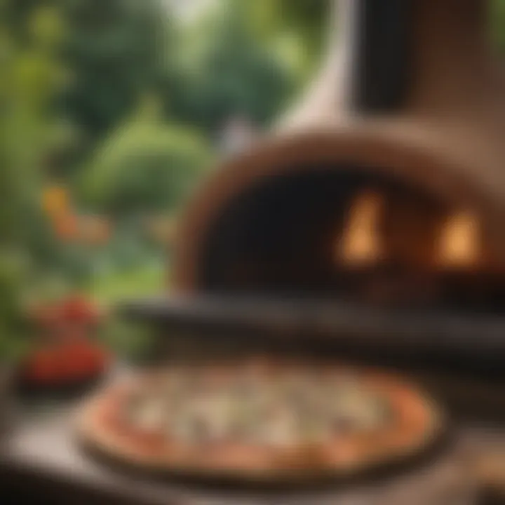 Outdoor pizza oven in a lush garden setting