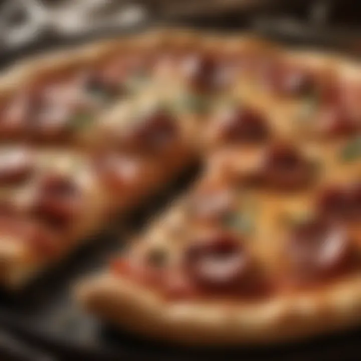 A perfectly baked pizza emerging from the oven, showcasing its crispy crust.