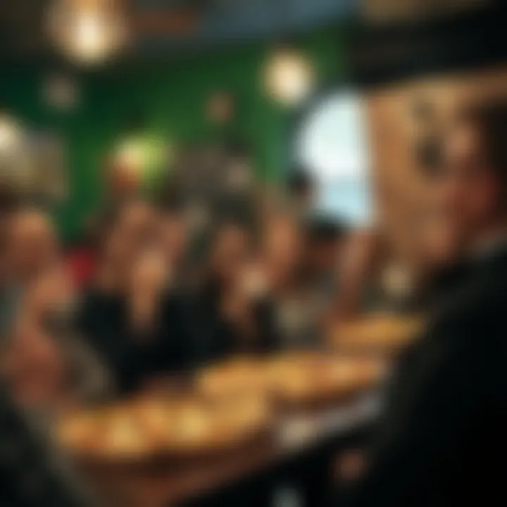 Happy customers enjoying their pizza in a communal setting