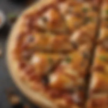 A close-up of a BBQ chicken pizza with glistening toppings and melted cheese