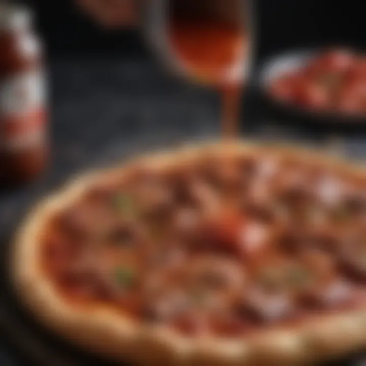 Homemade BBQ sauce being drizzled over a pizza base