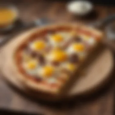 Slice of Breakfast Pizza A slice of breakfast pizza on a rustic wooden table.