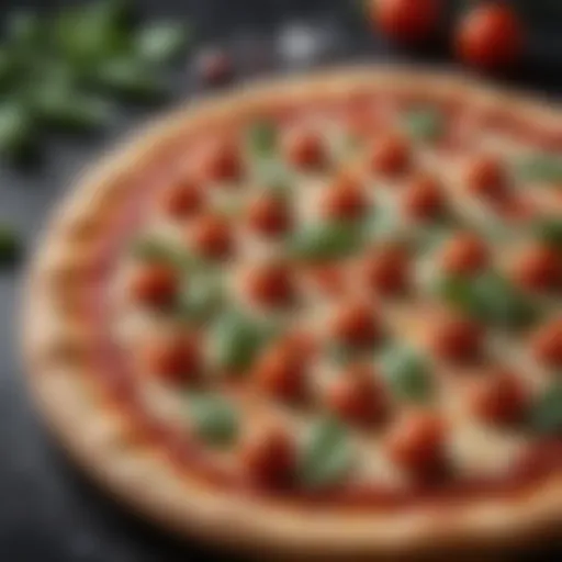 Elegantly crafted frozen pizza with fresh basil leaves and cherry tomatoes