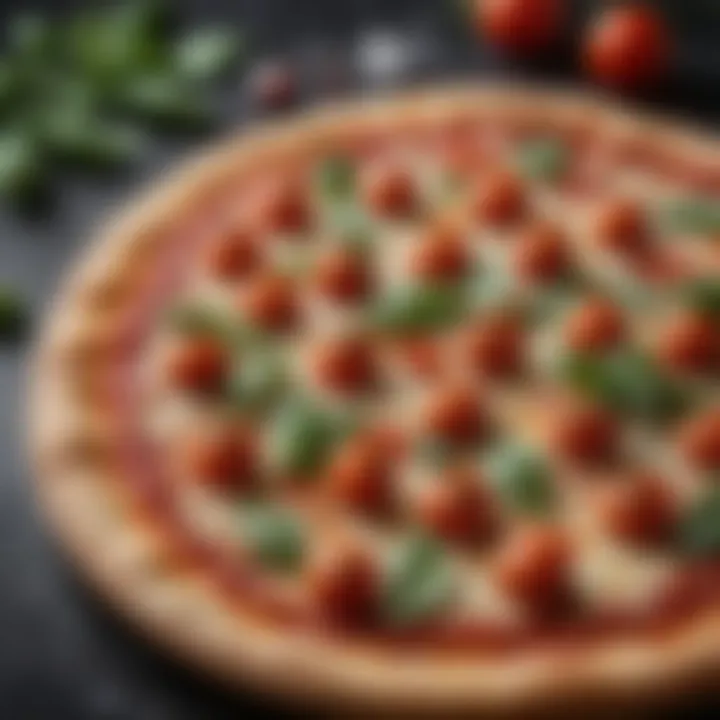 Elegantly crafted frozen pizza with fresh basil leaves and cherry tomatoes