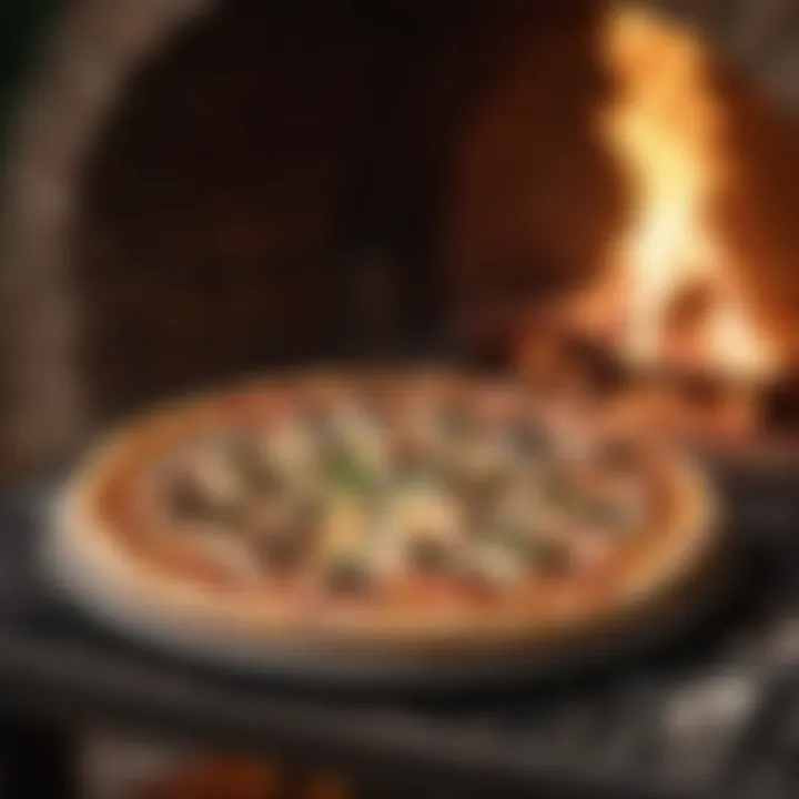 Finished pizza inside a wood-fired oven