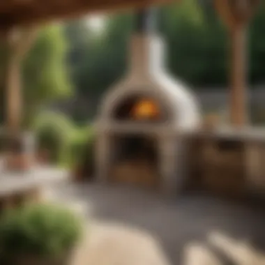 Outdoor setup with wood pizza oven and garden