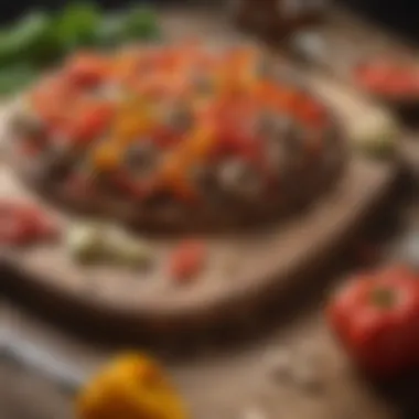 Mushrooms and Bell Peppers Ready for Pizza Sliced mushrooms and bell peppers on a wooden board