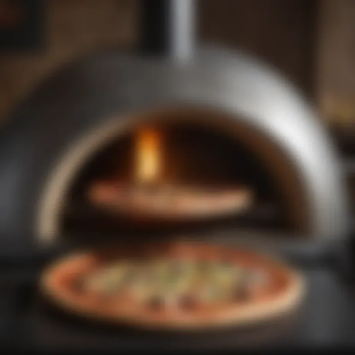 A variety of pizzas inside a large pizza oven