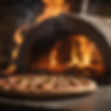 A pizza oven with flames blazing, cooking a pizza to perfection