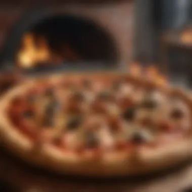 Wood-fired oven showcasing blistered crust of a gourmet pizza