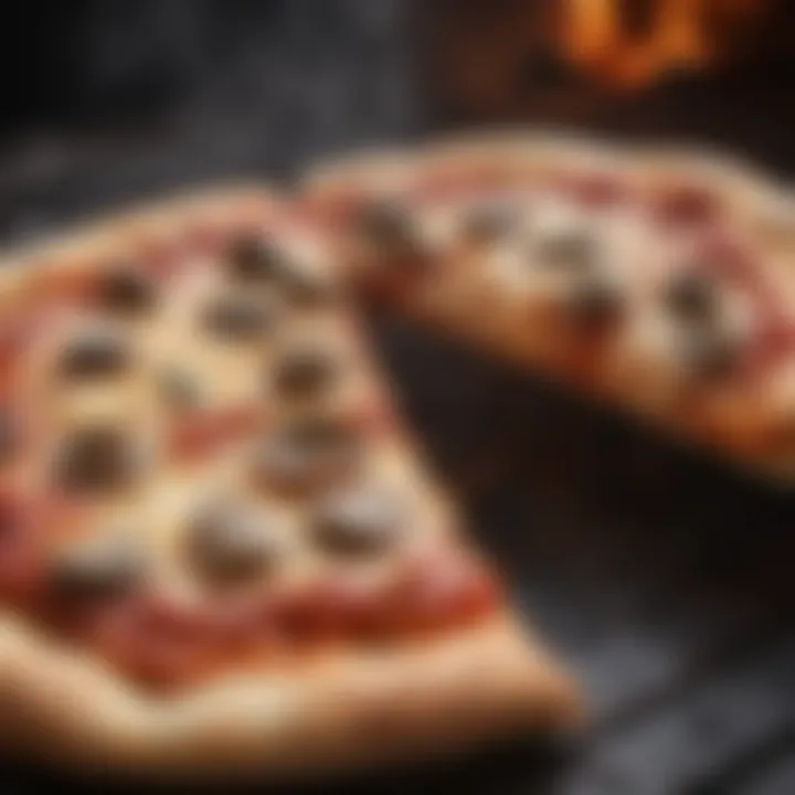 A perfectly baked pizza emerging from the camp pizza oven