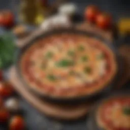 A beautifully crafted cast iron skillet with a golden-brown pizza crust topped with vibrant ingredients.
