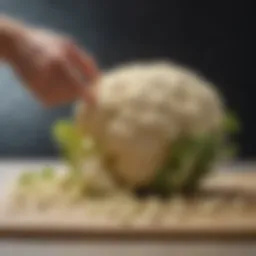 Fresh cauliflower head being transformed into a fine rice-like texture