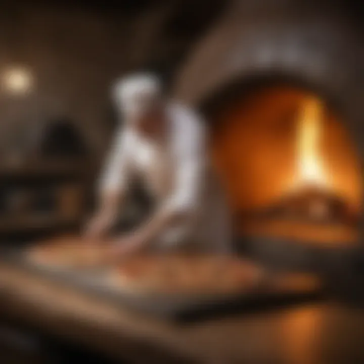 Chef checking on the pizza in the blazing oven