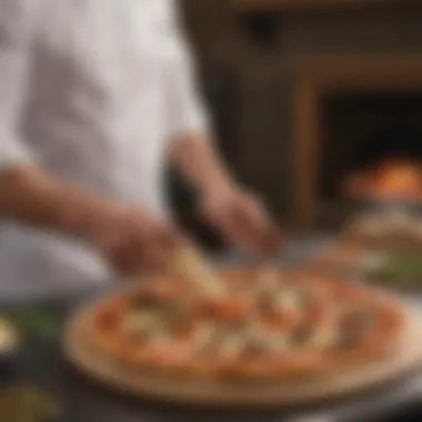 Chef expertly slicing a freshly baked pizza