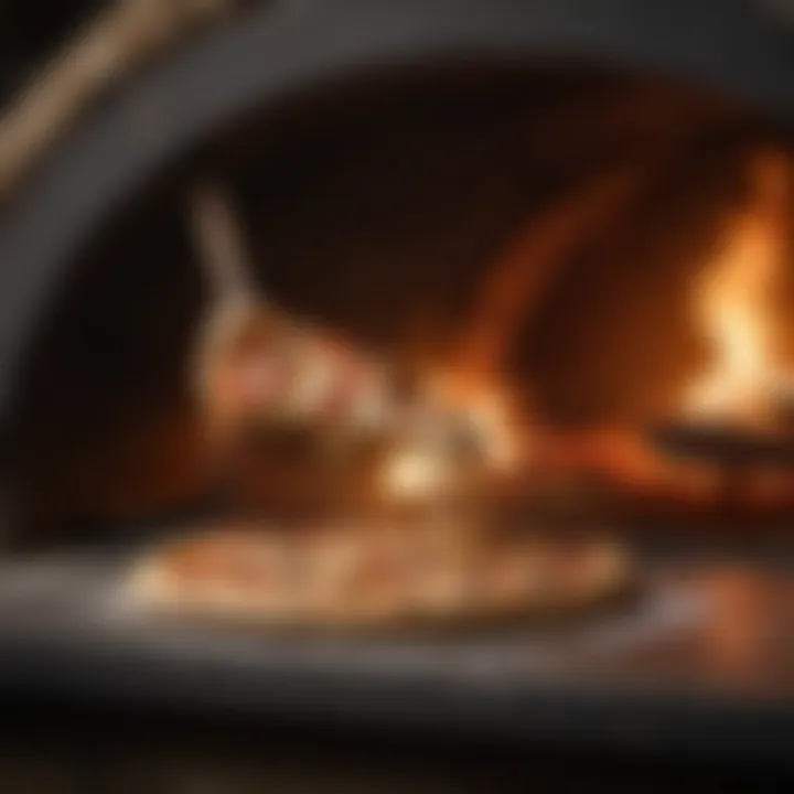 Chef skillfully rotating pizza inside a wood-burning oven