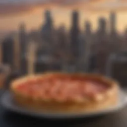 Chicago skyline with deep-dish pizza in foreground