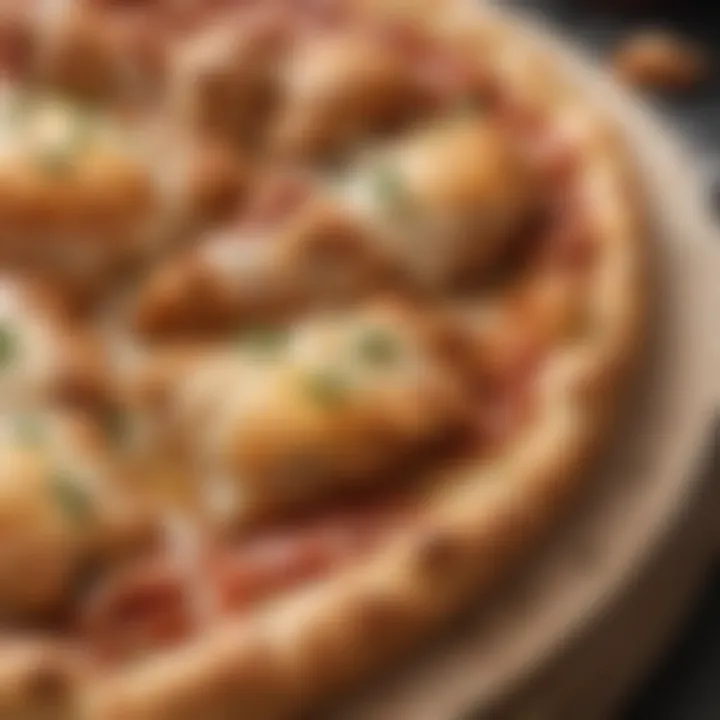 A close-up of the crispy crust of Chicken Parm Pizza