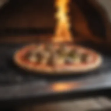 Close-up of sizzling pizza baking in outdoor oven