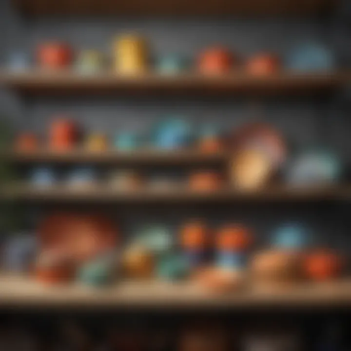 Colorful ceramic cookware set displayed on rustic shelves