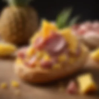 Pineapple and Ham Fusion An exotic blend of tangy pineapple, savory ham, and sharp cheddar on a crispy shell