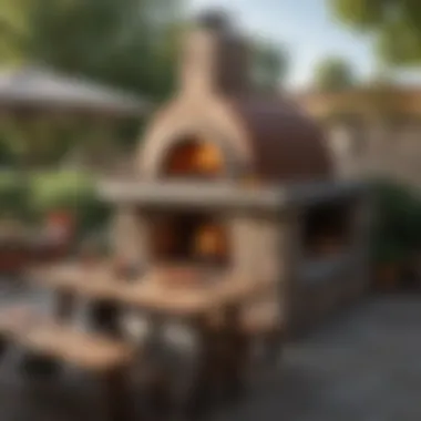 Outdoor Dining Setup with Pizza Oven A cozy outdoor dining area featuring a pizza oven and a setup for a pizza party