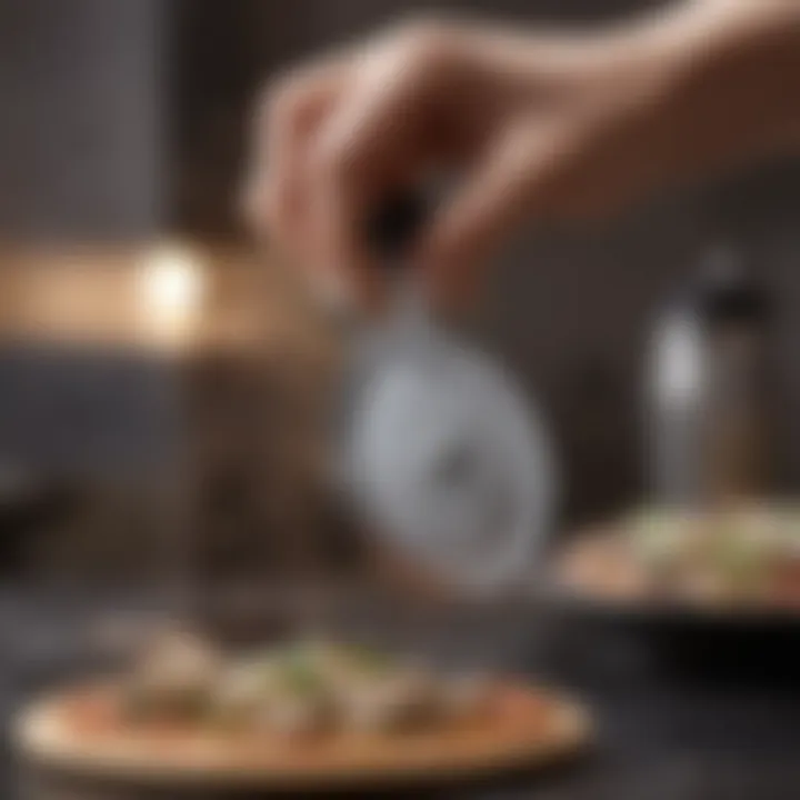 A person cleaning a metal pizza cutter after use