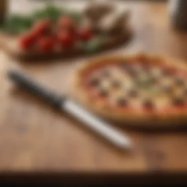 A sleek metal pizza cutter resting on a wooden countertop