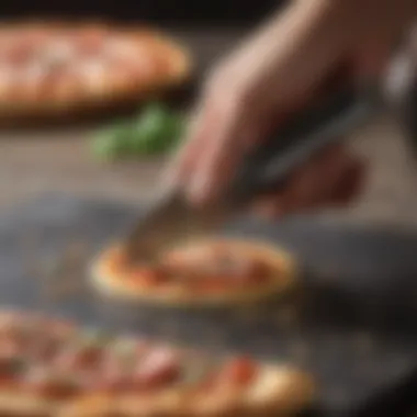 Close-up of a metal pizza cutter slicing through a fresh pizza