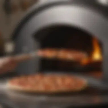 An 11-inch pizza peel in use, sliding a pizza into an oven