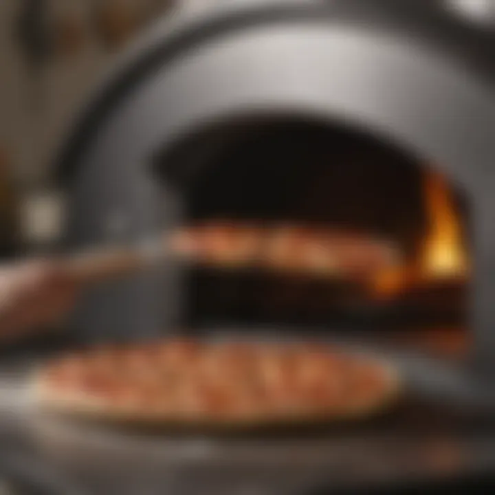 An 11-inch pizza peel in use, sliding a pizza into an oven