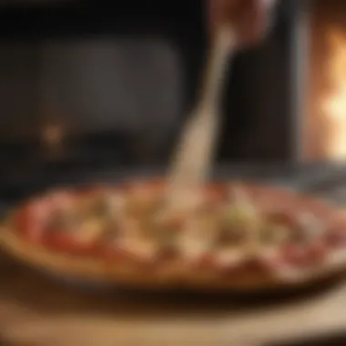 Wooden pizza peel in action, transferring pizza to oven