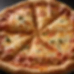 A close-up view of a golden, crispy pan pizza with a bubbling cheese crust.