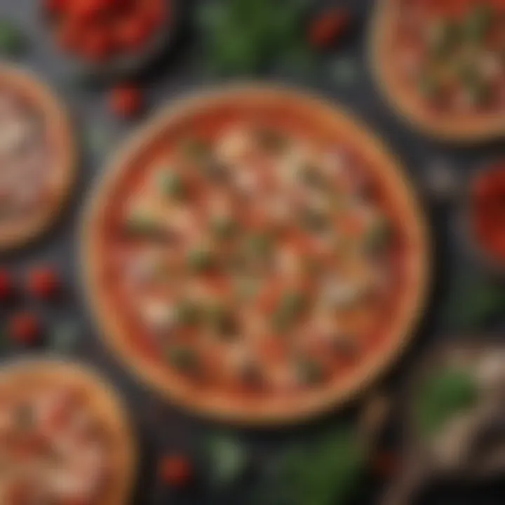 An array of fresh toppings including vegetables, meats, and herbs laid out for pan pizza.