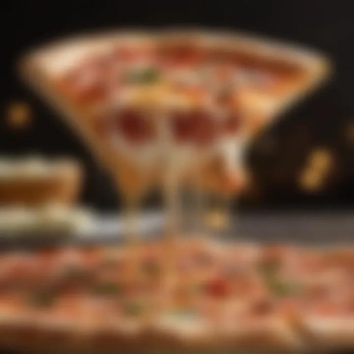 A beautifully arranged slice of pan pizza revealing a fluffy interior and rich sauce.