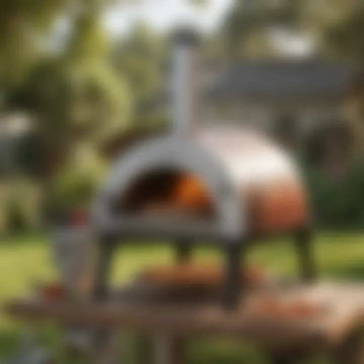 A portable pizza oven set up in a backyard, ready for use