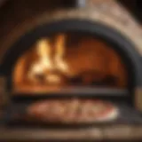 A classic wood-fired pizza oven with flames and pizza inside