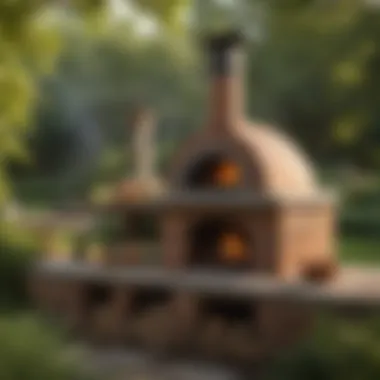 An outdoor brick oven set in a picturesque garden, highlighting its integration with nature