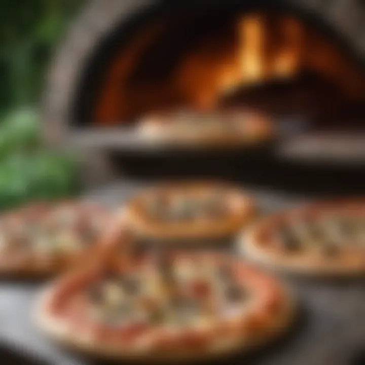 A variety of pizzas cooked in an outdoor pizza oven, showcasing culinary versatility