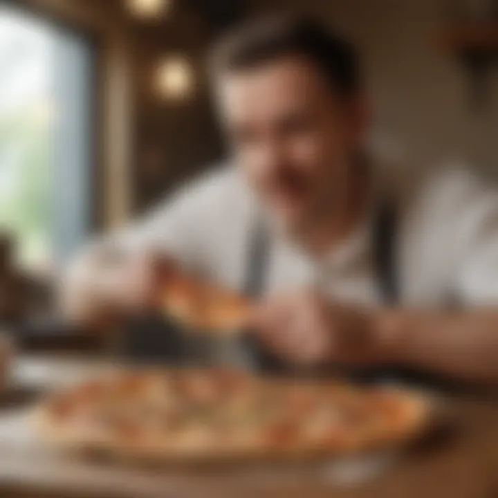 A customer enjoying a slice of pizza, encapsulating the dining experience