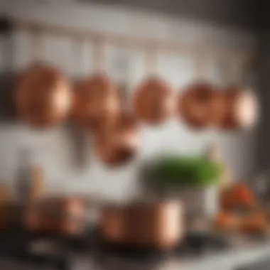 Variety of copper cookware hanging in kitchen