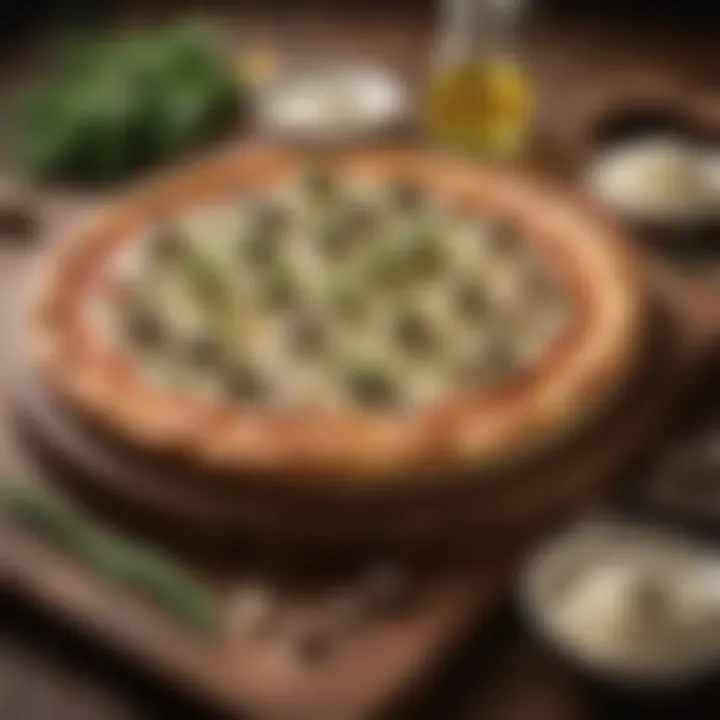 A gourmet Alfredo pizza served on a rustic wooden platter with herbs