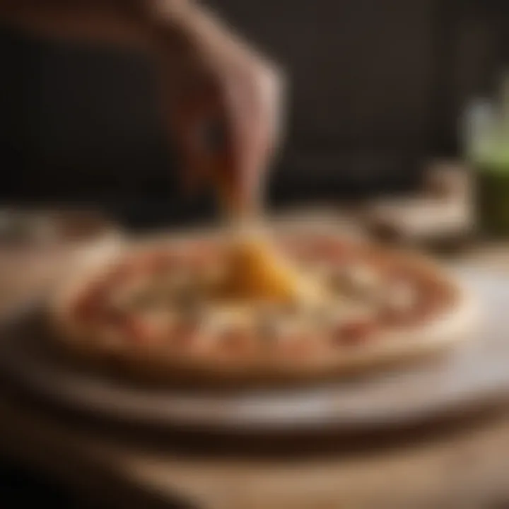 Dough being shaped into a pizza base on a wooden surface